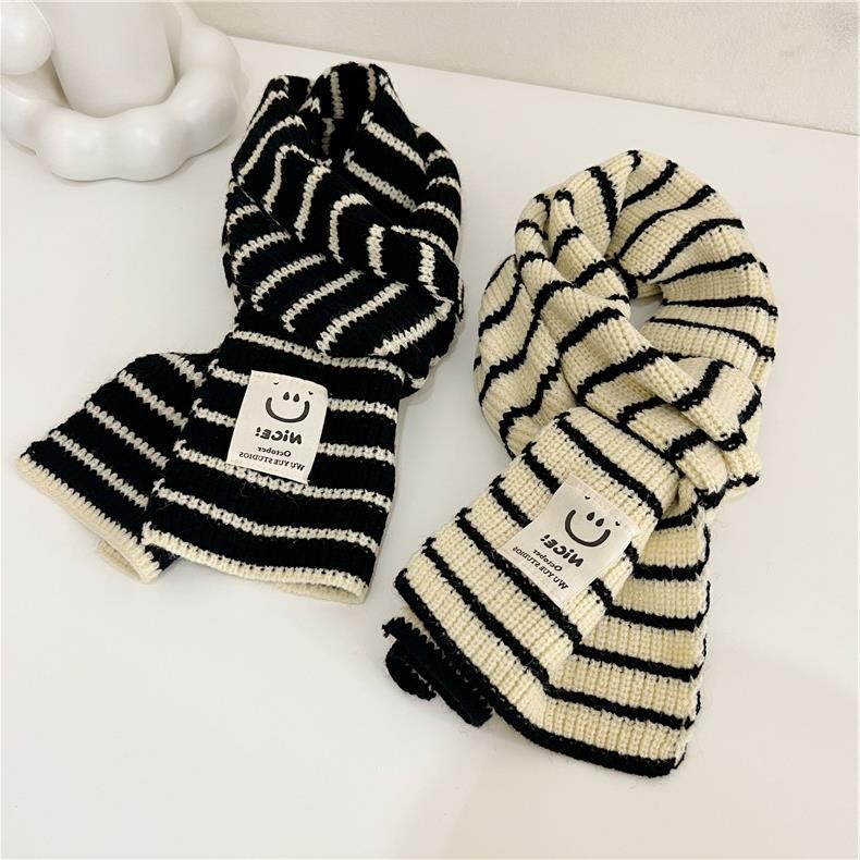 条纹款~ins韩版秋冬可爱笑脸缝标儿童围巾男女童宝宝百搭针织围脖