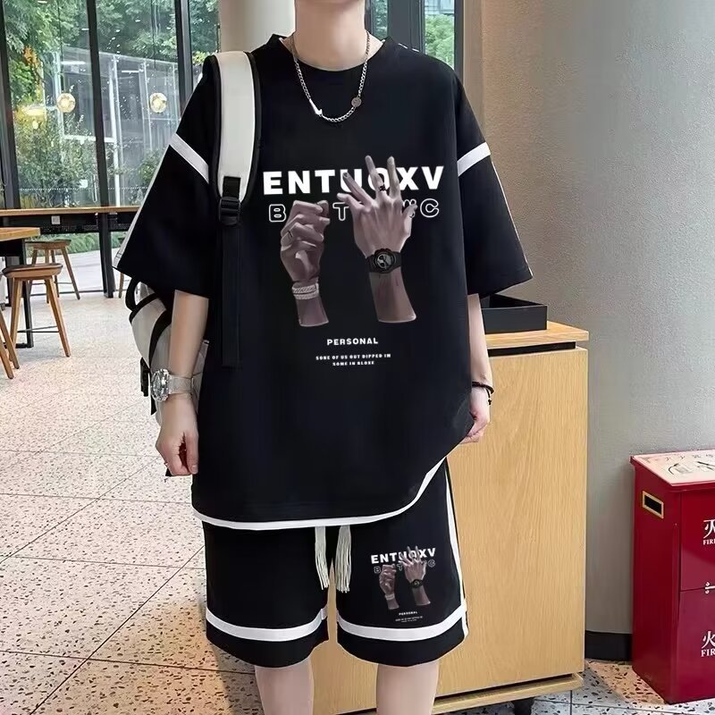 潮流休闲短袖短裤运动套装16中学生夏季五分袖t恤15青少年帅气男