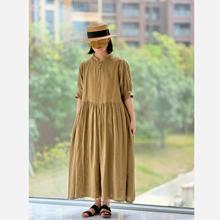 日本潮牌 亚麻立领蘑菇扣短袖烟棕黄色连衣裙