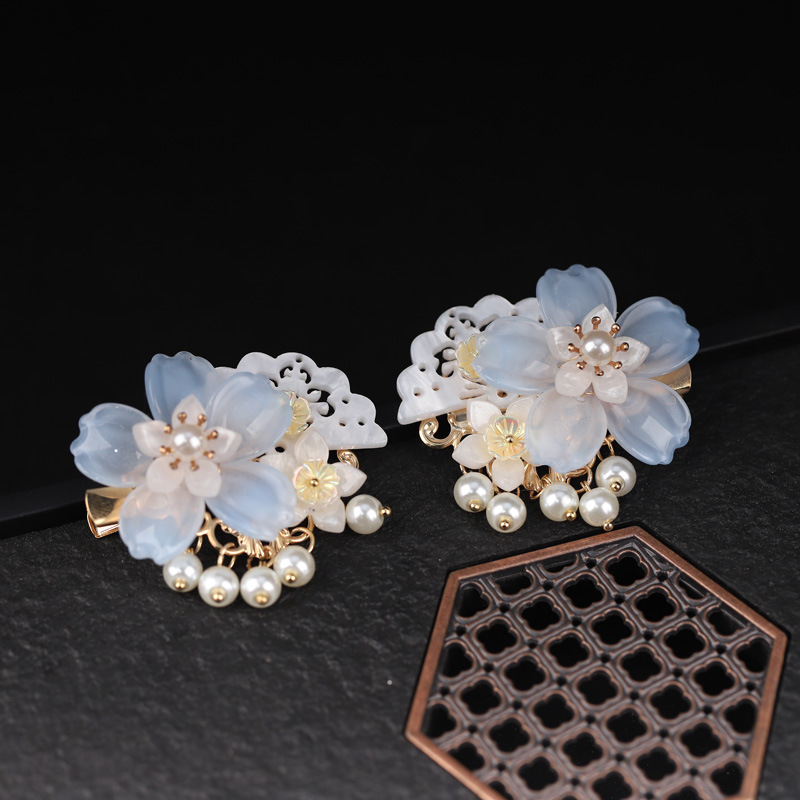 汉服头饰蓝色牡丹花发夹古风发饰儿童对夹日常古装仙气流苏步摇