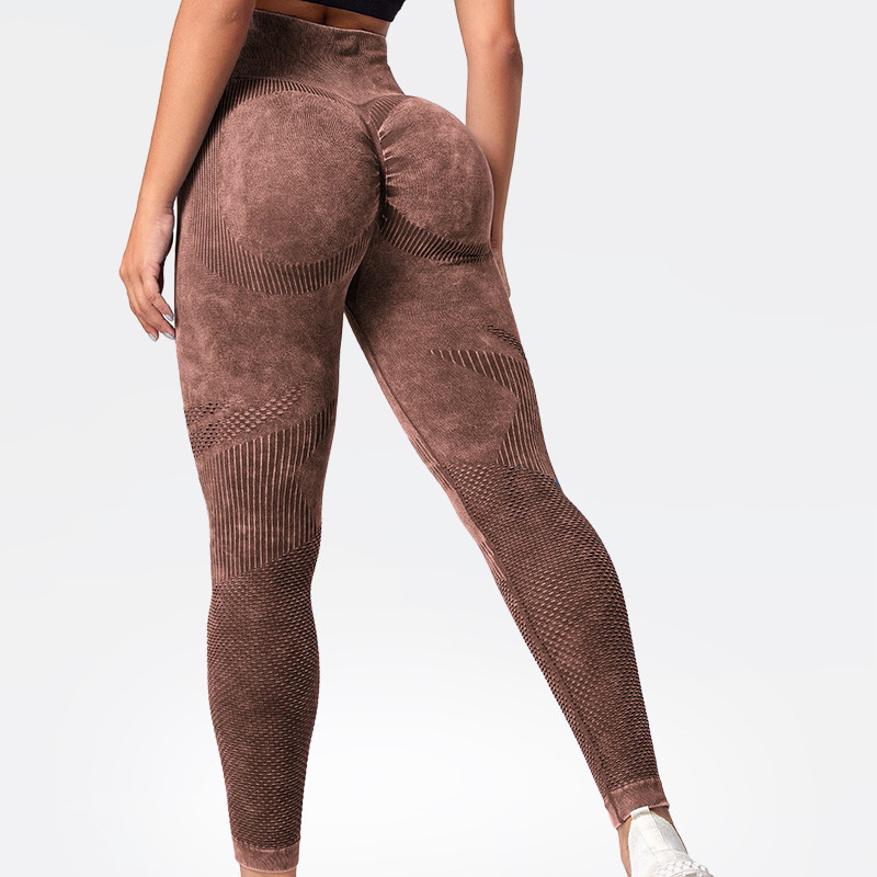 European and American Fitness Yoga Sports Running Seamless Hollow Stone Washed Tight High Waist High Elastic Peach Hip Raise Tights