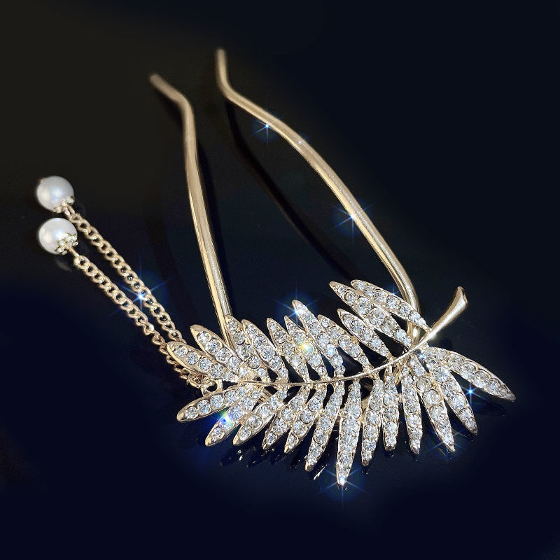 金色国风古典羽毛u型发簪优雅贵气水钻珍珠流苏发钗复古汉服头饰