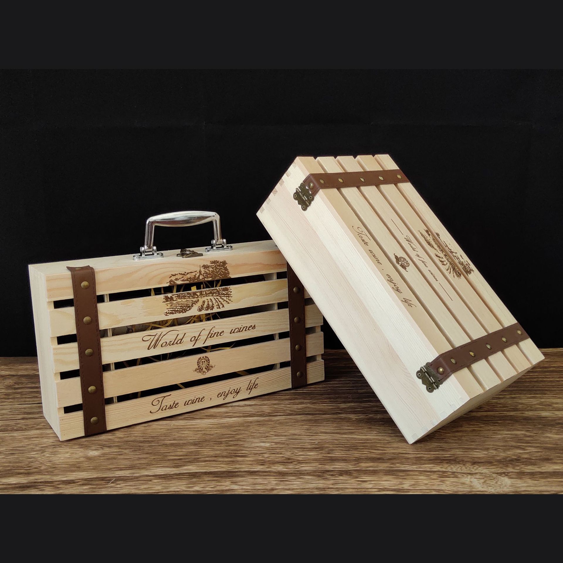 现货750ml标准瓶双支装镂空红酒木盒通用logo可丝印图案