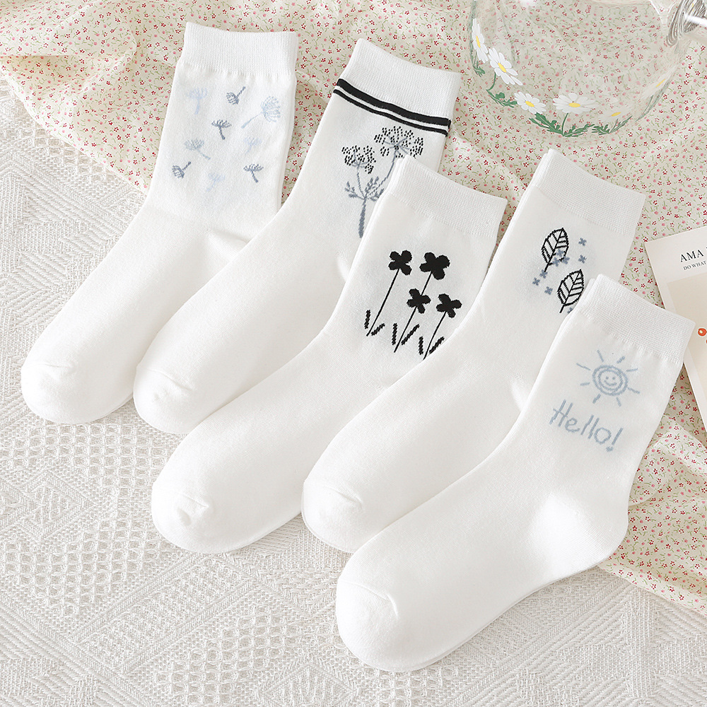 白色树叶袜子女ins潮中筒袜春秋棉袜秋冬季女士棉袜白色中筒袜jk