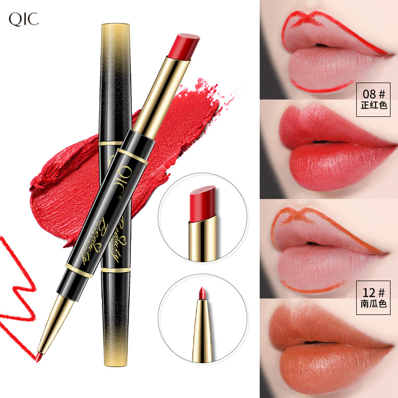 QIC Double-Headed Lipstick Lip Liner Lip Makeup Female Discoloration Resistant Hook Double-Headed Rotating Lip Pencil Matte Painting Lipstick Pen