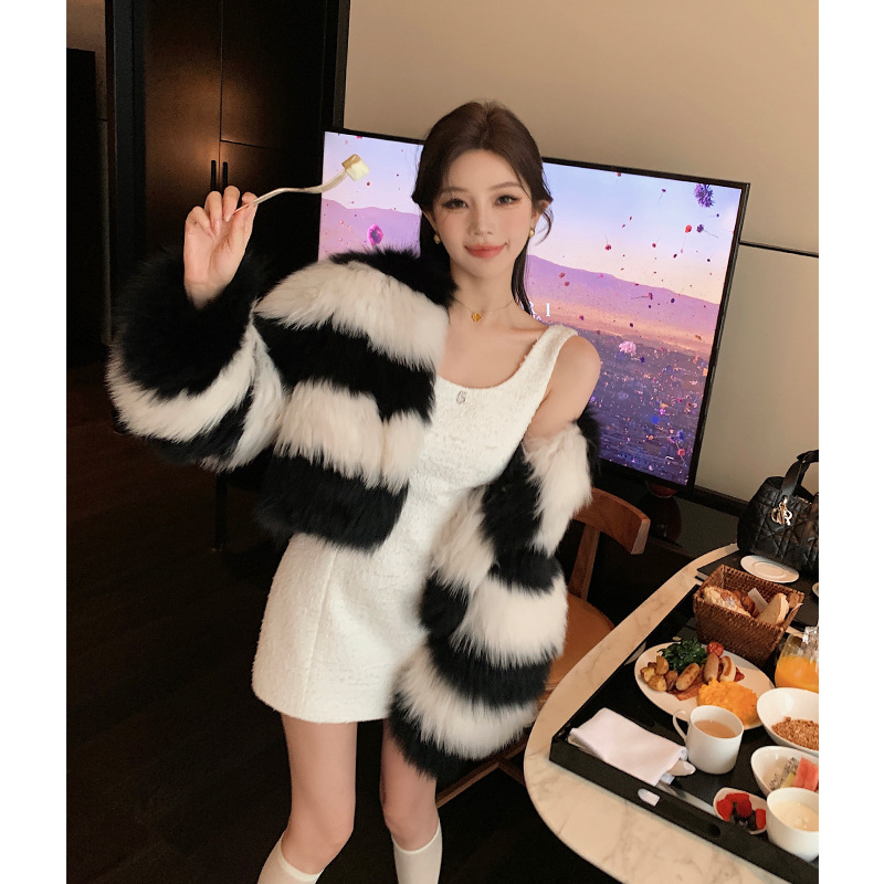 rcliu黑白塔罗牌 撞色编织狐狸毛皮草外套女新款冬季