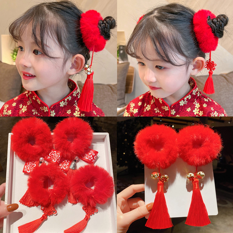 女童宝宝中国风红色流苏发圈儿童发饰女孩新年头饰古风丸子头发绳