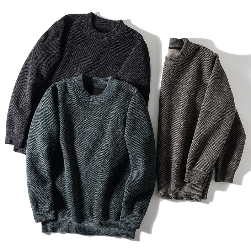 外贸剪标男装加绒加厚圆领针织衫男冬季厚款保暖简约休闲打底毛衣