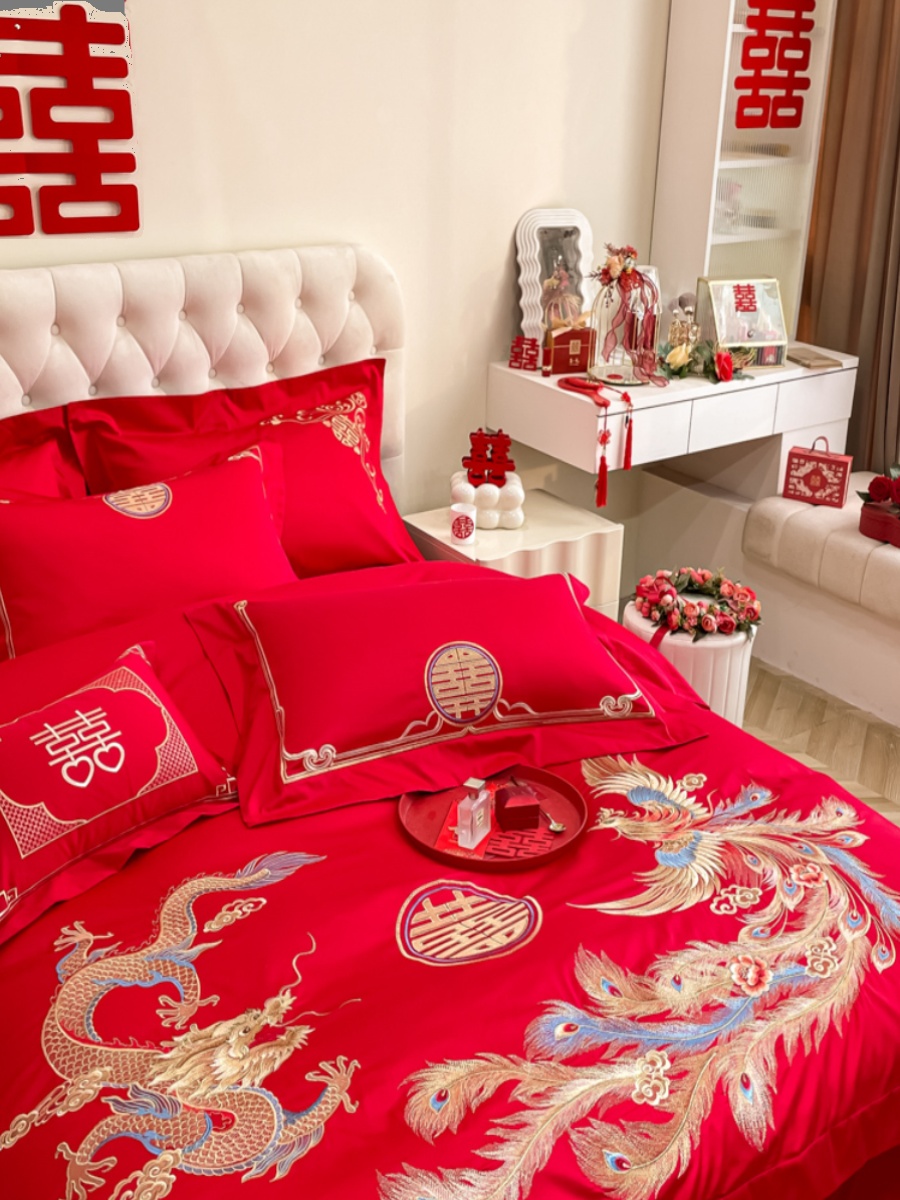 3x15中式龙凤婚庆四件套大红色新房备婚喜被床单床笠结婚床上