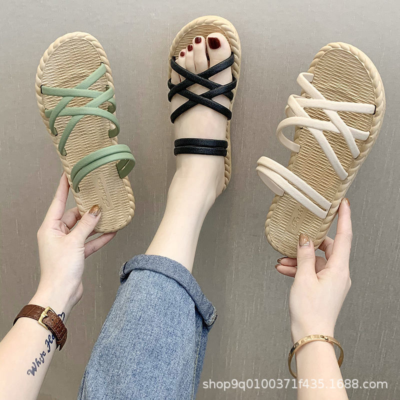 roman style sandals women‘s summer street shooting korean style ins students all-match flat two-way wear internet celebrity platform beach women‘s shoes