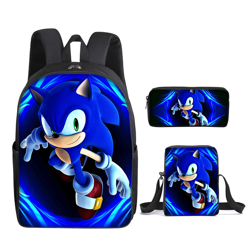 Cross-Border Hot Selling Sonic Elementary School Student Schoolbag Three-Piece Set Cartoon Animation Backpack Shoulder Bag Pencil Case