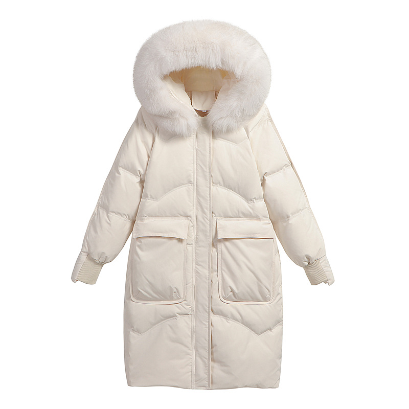 2021年新款大毛领韩版时尚白色羽绒服女长款过膝白鸭绒冬季外套潮
