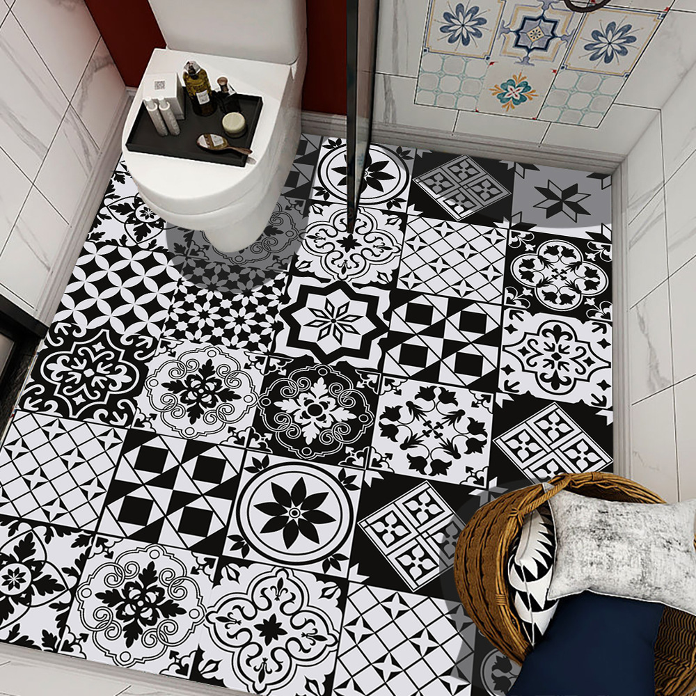 20片装黑白花砖瓷砖地板贴家居翻新厨房浴室装饰自粘墙贴磨砂表面