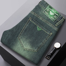 奇阿玛尼亚品牌牛仔裤男修身小脚高端欧货潮牌弹力薄款复古绿色裤