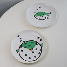 创意简约手绘童趣海鱼类图案陶瓷盘子家用菜盘西餐牛排圆盘水果碟