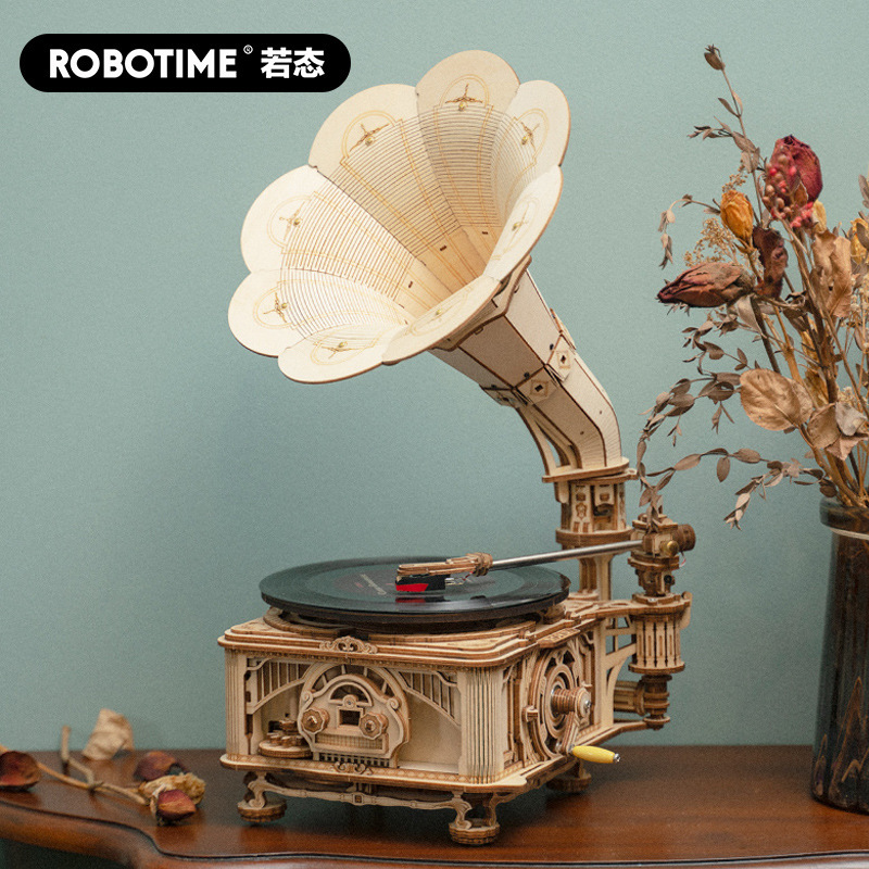 若态黑胶留声机diy手工制作木质拼装玩具 唱片机创意家居摆件玩具