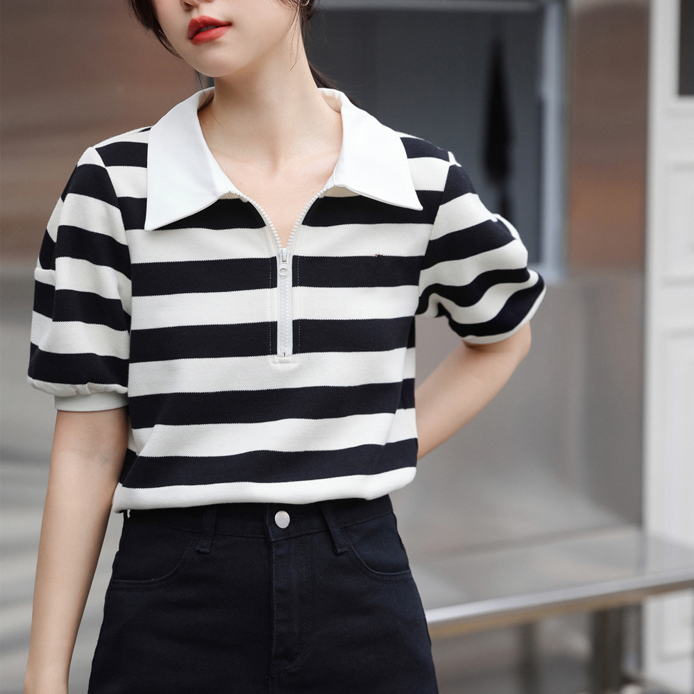 黑白条纹polo衫2022夏季新款韩版ins撞色翻领泡泡袖百搭短袖t恤女