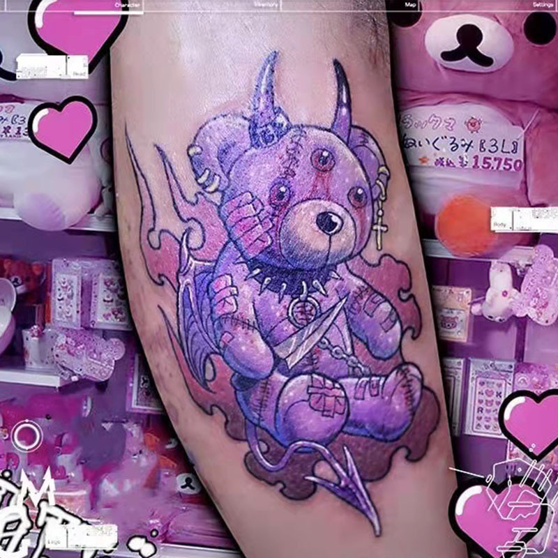 暗黑摇滚朋克邪恶魔头小熊卡通动漫图案花臂纹身贴纸tattoo