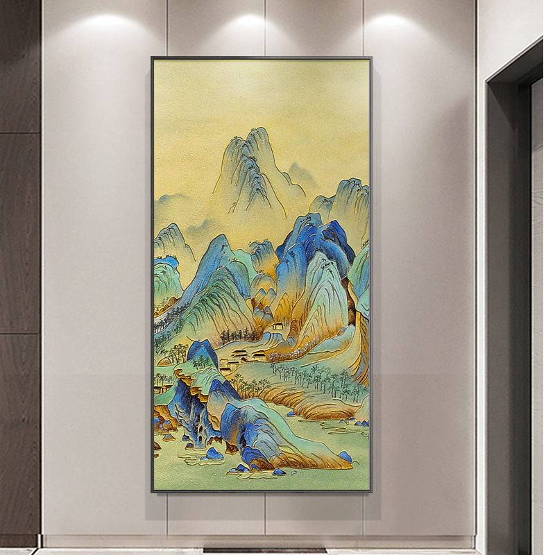 山水画玄关掐丝珐琅沙画高档中式进门竖版过道会所背景墙餐厅挂画