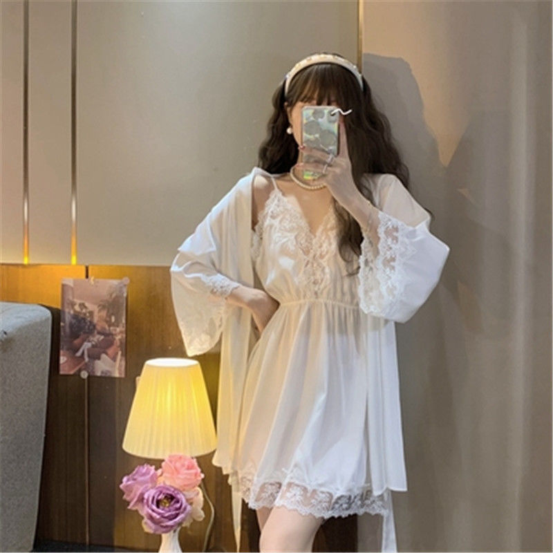感白色蕾丝睡衣女夏季新款纯欲性感吊带睡裙睡袍两件套装-阿里巴巴