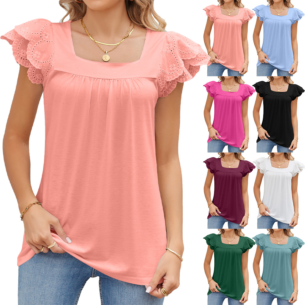 Amazon 2023 Europe and America Cross Border Foreign Trade Summer Solid Color Lace Stitching Square Collar Petals Short Sleeve T-shirt Top Female