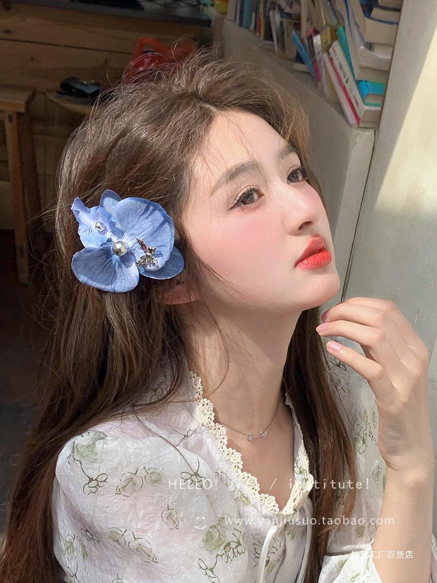 雾霾蓝~蝴蝶兰抓夹森系氛围感花朵发夹女2024新款高端侧边刘海夹