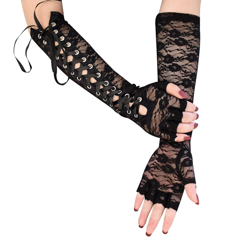 Lolita Lace Stitching Clinch Bandage Half Finger Gloves Long Cos Play Dance Gloves Big Buckle Version Cool