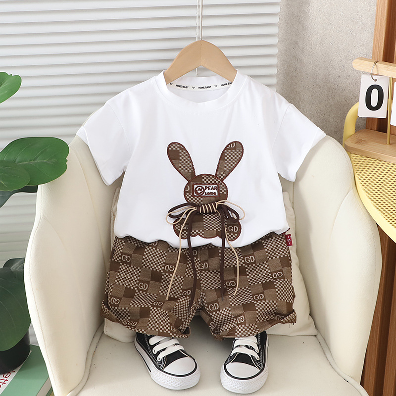 2024 Summer Short Sleeve Suit Korean Style Casual Cartoon Animal Pullover Boys Internet Celebrity Children's Clothing Wholesale Short Sleeve