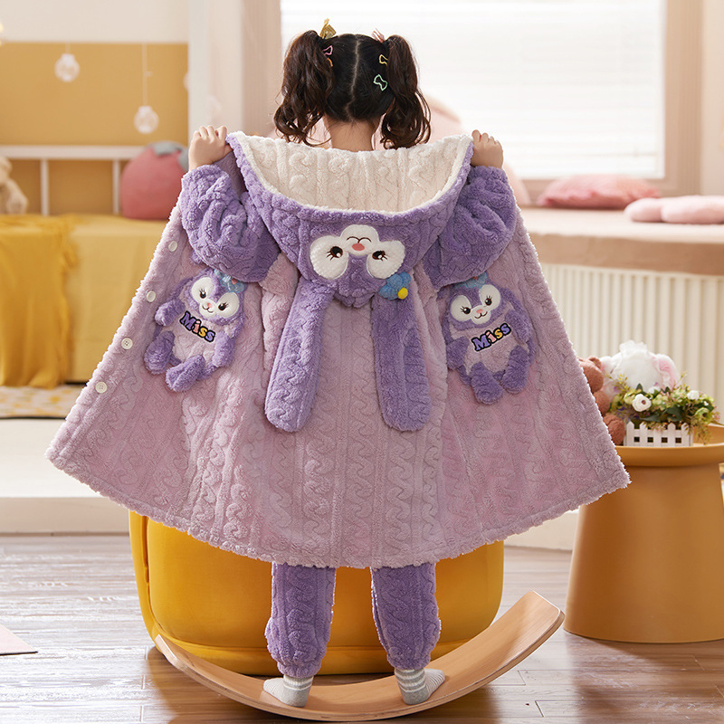 Girls' Pajamas Children's Nightgown Flannel Thick Coral Fleece Autumn and Winter Set Bathrobe Children and Teens' Loungewear Women