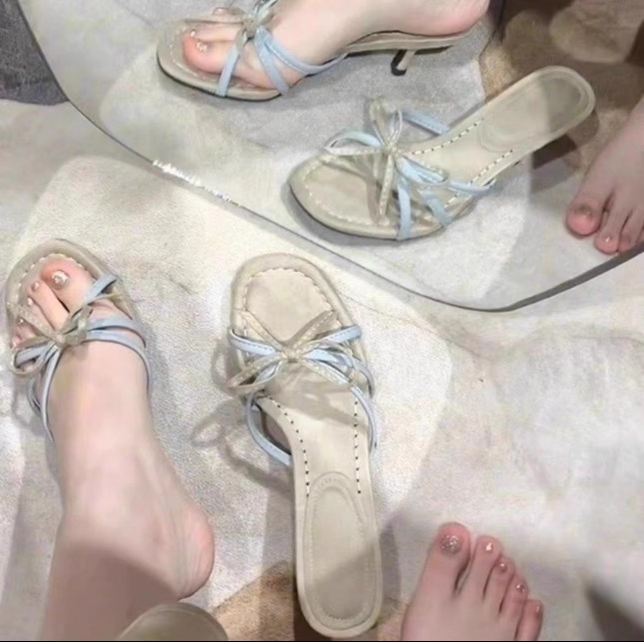 queen daolv 细跟法式凉鞋女蝴蝶结细带露趾小猫跟绒面气质凉拖女