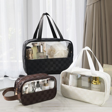 PU方格化妆包大容量便携旅行收纳袋欧式防水轻奢高品质透明洗漱包
