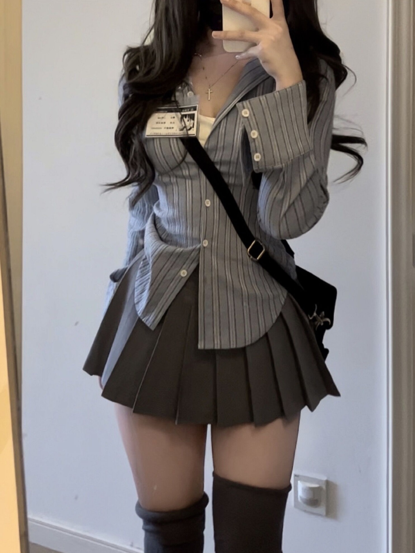 jk制服套装纯欲收腰衬衫女美式学院风辣妹小众设计感长袖条纹衬衣