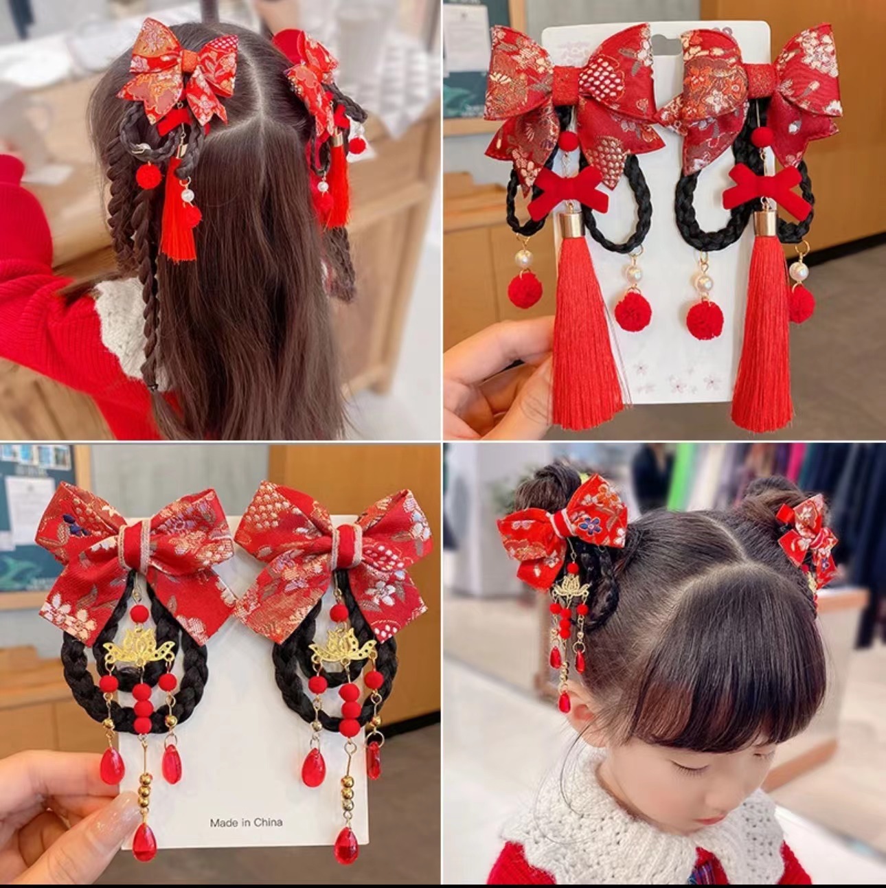 New Year Chinese Style Bow Braid Children Antique Hairpin Baby Wig Hair Accessories Headdress for Han Chinese Clothing Wholesale