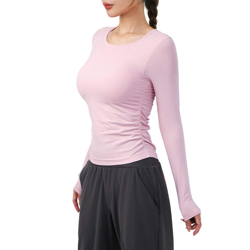 Autumn and Winter New Yoga Wear Long Sleeve Versatile Slimming Side Pleated Chest Pad Sports Top Pilates Workout Clothes