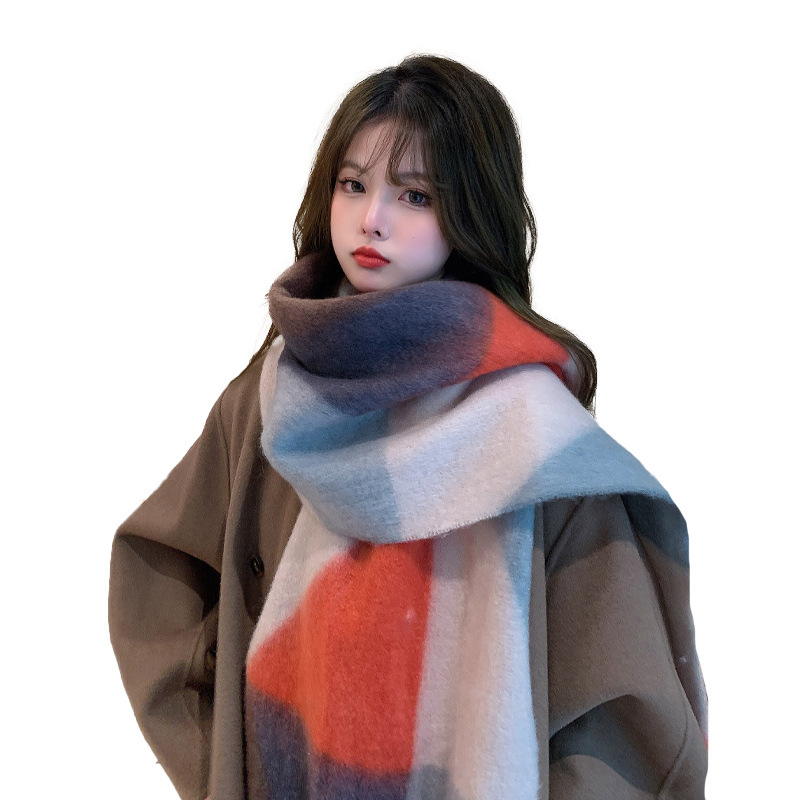 European and American New Jil Geometric Color Matching Mohair Scarf Printed Thick Tassel Couple Autumn and Winter Contrast Color Bib Shawl