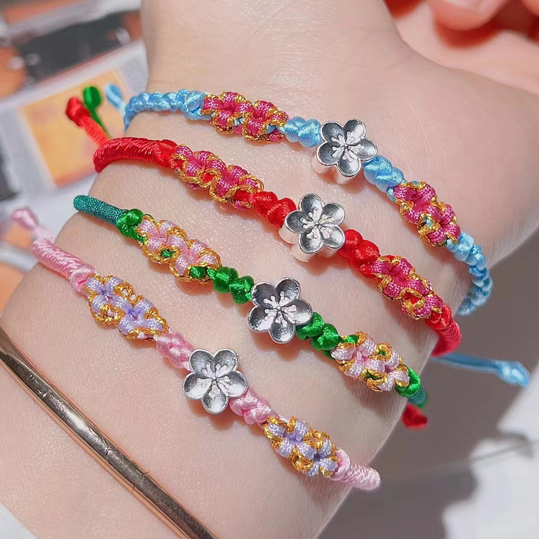 999足银小桃花手链女纯银转运珠话朵樱花手串编织手绳送女友礼物