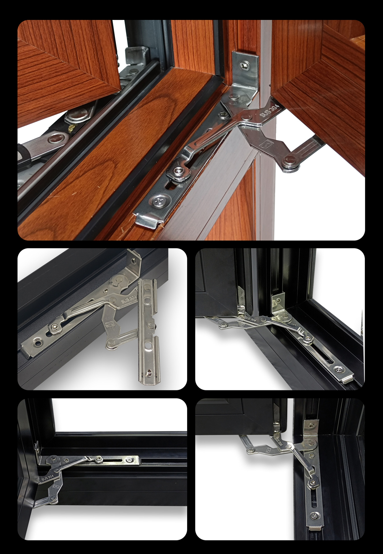 304不锈钢滑撑平开窗c槽隐形铰链平开窗180度平框用四连杆窗撑