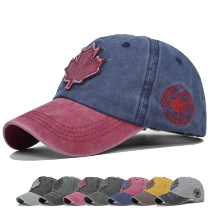 Washed-out Vintage Maple Leaf Embroidered Baseball Cap Simple Personality Men and Women Distressed Color Matching Washed Denim Peaked Cap