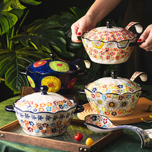 邦成汤碗家用新款2023复古陶瓷陶瓷双耳碗大泡面碗带盖高颜值汤盆