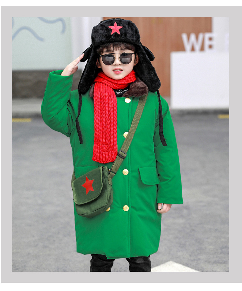 男童棉衣2020新款网红儿童军大衣加厚棉袄军绿色男女加绒棉服外套