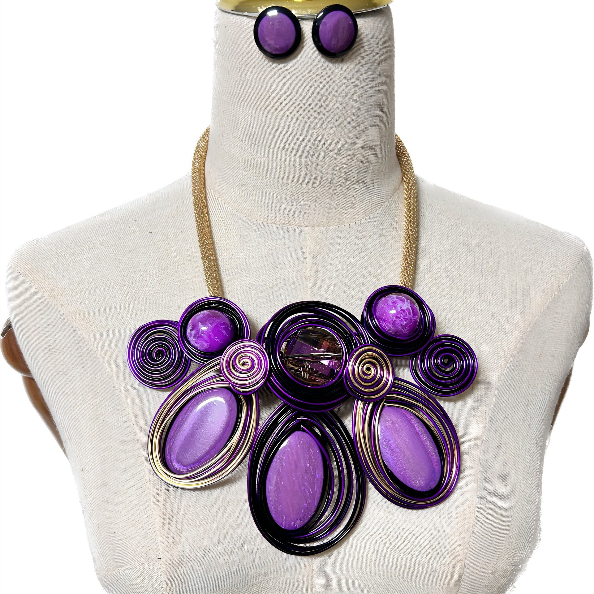 European and American Style Baroque Necklace Handmade Resin Aluminum Wire Flower Shape Necklace and Earrings Suite Cross-Border Necklace