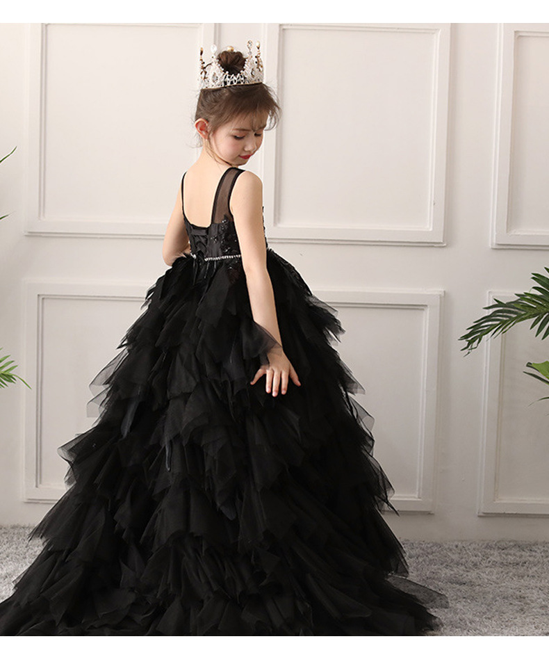 儿童黑色晚礼服拖尾公主裙时尚走秀钢琴演出主持人连衣裙女童新款