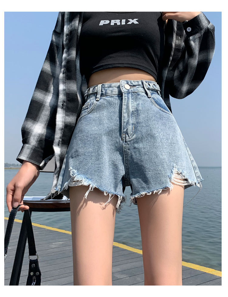 2021夏季高腰多扣不规则剪脚边牛仔短裤女women jeans shorts