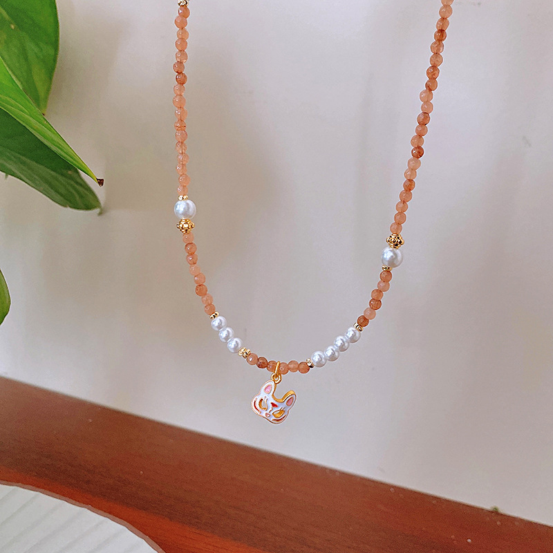 Jade Pearl Fox Mask Necklace Personality Creative Trend Clavicle Chain Minority All-Match High Sense Necklace Wholesale