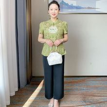 中年妈妈夏装新中式小衫套装2024新款中年女短袖T恤母亲节两件套