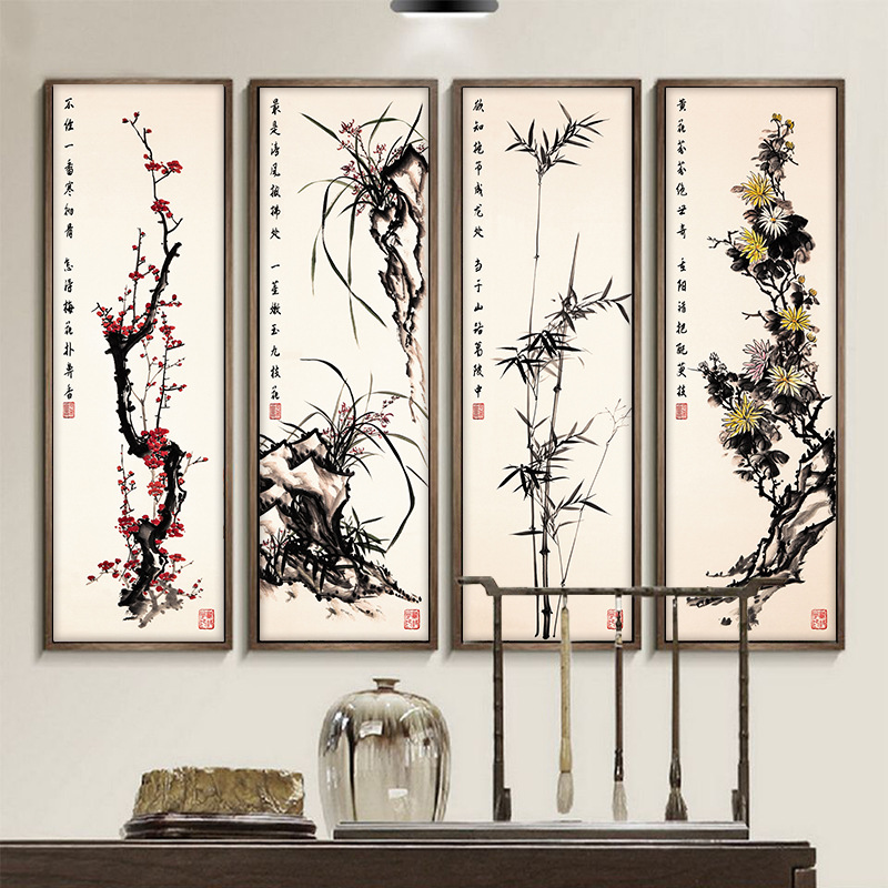 新中式梅兰竹菊门贴纸整张自粘装饰木门翻新衣柜厕所玻璃移门贴画