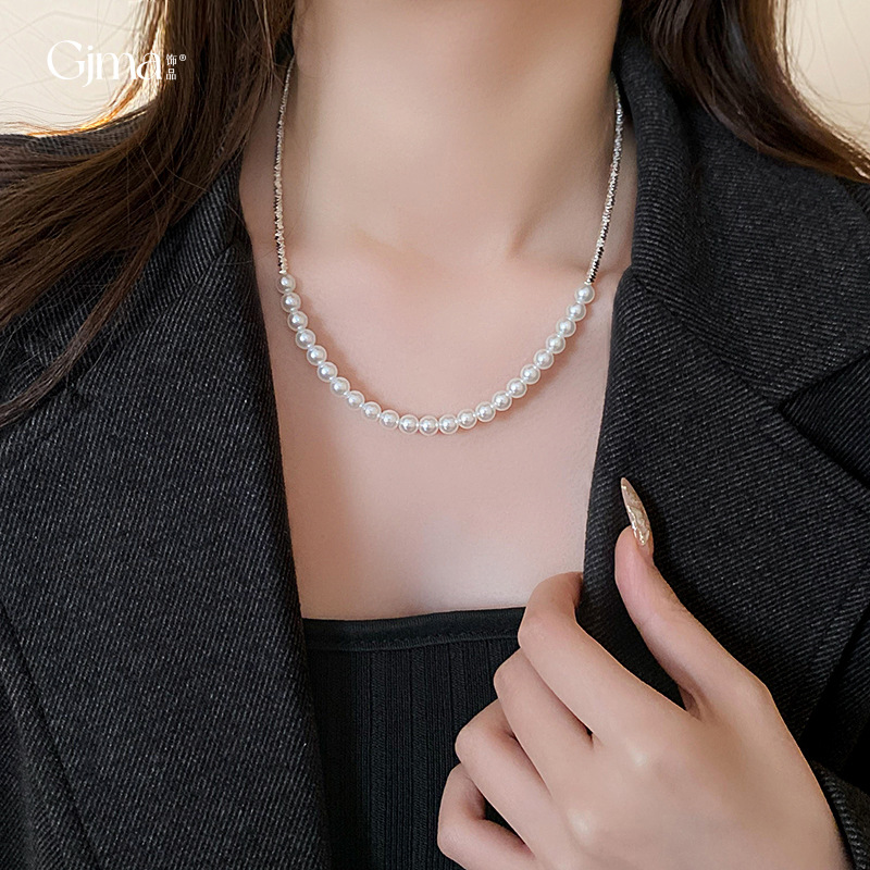 Korean Retro Silver Baroque Pearl Necklace Fashionable All-Match Clavicle Chain Light Luxury High Sense Necklace Wholesale Women