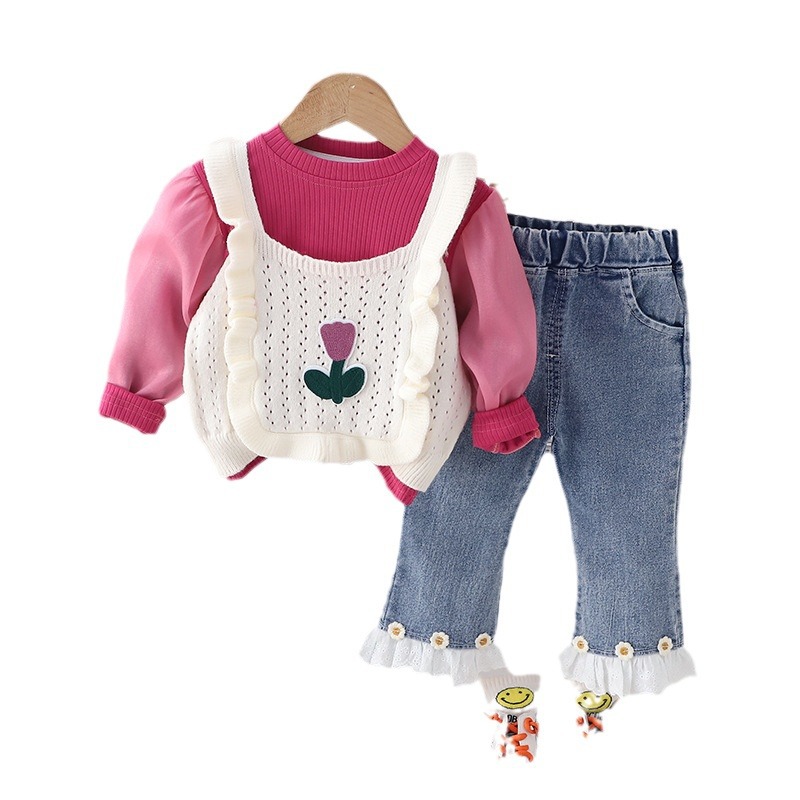 Korean Style Children's Clothing New Autumn Clothes Girl's Knitted Vest Three-Piece Autumn Puff Sleeve Children's Long-Sleeve Suit Clothes