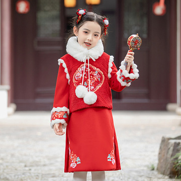 女童旗袍裙长袖裙子加绒加厚儿童旗袍女拜年服宝宝过年服马甲冬装