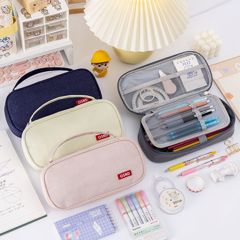 New Pure Color Simple Portable Pencil Case Multi-Layer Stationery Storage Bag Thickened Multi-Functional Stationery Box Large Capacity Pencil Case 